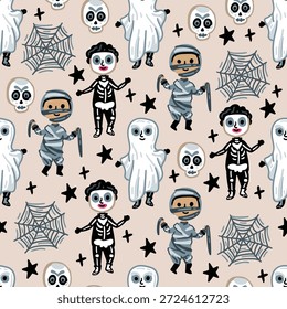 Seamless vector pattern for Halloween. Kids characters. Horror, pumpkins, children in costumes. Zombie and Ghost. Web