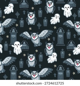 Nahtloses Vektormuster für Halloween. Kinderzeichen. Horror, Kürbisse, Kinder in Kostümen. Eulen mit einem Geist auf dem Friedhof.