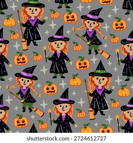 Patrón de Vector sin fisuras para Halloween. Personajes infantiles. Horror, calabazas, niños disfrazados. Una bruja en una escoba y cabezas de calabaza