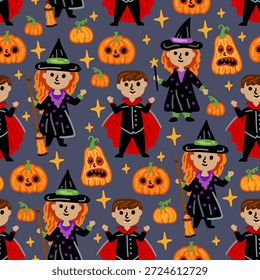 Nahtloses Vektormuster für Halloween. Kinderzeichen. Horror, Kürbisse, Kinder in Kostümen. Eine Hexe mit Besen und Vampir.