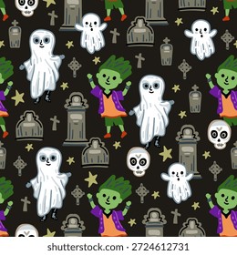 Padrão de vetor perfeito para o Halloween. Personagens infantis. Horror, abóboras, crianças fantasiadas. Um zumbi perseguindo um cemitério. Túmulos e crânios.