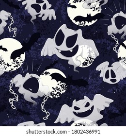 Seamless vector pattern for Halloween. Many funny ghosts against the background of the moon, tree branches and the night starry sky.