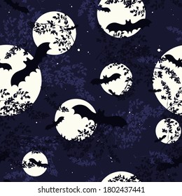 Seamless vector pattern for Halloween with moon, night sky and bats silhouettes.