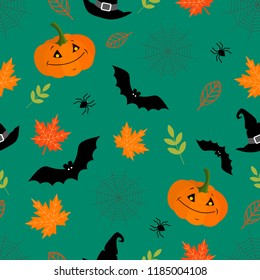 Seamless vector pattern of halloween pumpkin, bats, autumn leaves, spider, web on blue background.