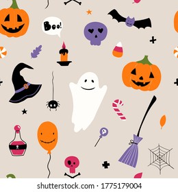 Seamless vector pattern for Halloween. Pumpkin, bat, broom, skull, spider, Ghost. Flat cartoon illustration. For fabric, wrapping paper, textiles.