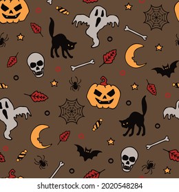 Seamless vector pattern with Halloween pumpkin and ghost on brown background. Simple scary autumn wallpaper design. Decorative spooky fashion textile.