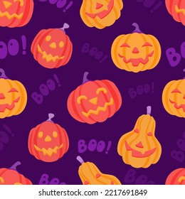 Seamless vector pattern with Halloween pumpkin emotions on a purple background. Cute orange pumpkins, hand-drawn and boo lettering. Jack orange lantern. Design for printing on wrapping paper, fabric