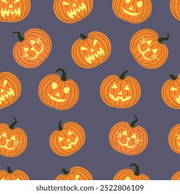 Padrão de abóbora de Halloween com Jack-o'-Lanternas. Apresentando várias lanternas Jack-o' com diferentes faces esculpidas, situado contra um fundo roxo escuro, para projetos de Halloween.