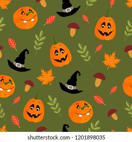 Seamless vector pattern of halloween pumpkins, autumn leaves, witch hat, mushrooms.