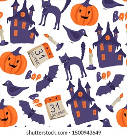 seamless vector pattern for Halloween. Pumpkins, a haunted house, a witch's cat, a candle, a Raven, a bat. Illustration in hand drawn flat style. Suitable for fabric and wrapping paper.