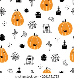 Seamless vector pattern for Halloween with pumpkins and ghosts. Hand drawn design in children's style. Bright cartoon pattern for Halloween.