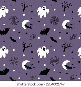 Seamless vector pattern with Halloween pumpkins, bat, ghost. For fabric, paper, wrap, textile, poster, scrapbooking, wallpaper or background, for web site or mobile app.