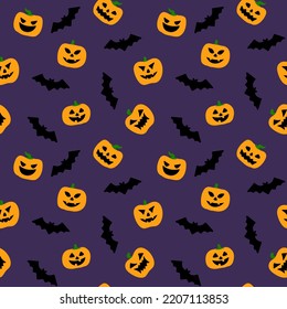 Seamless vector pattern with Halloween pumpkins, bat, ghost. For fabric, paper, wrap, textile, poster, scrapbooking, wallpaper or background, for web site or mobile app.