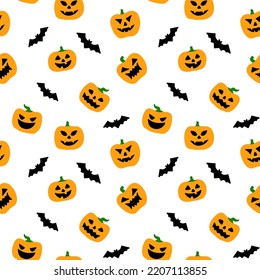 Seamless vector pattern with Halloween pumpkins, bat, ghost. For fabric, paper, wrap, textile, poster, scrapbooking, wallpaper or background, for web site or mobile app.