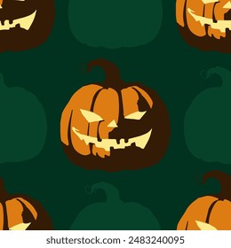 Seamless vector pattern with halloween pumpkins on a dark green background