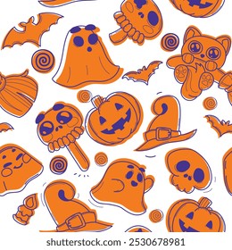 Seamless vector pattern for Halloween: pumpkins, cats and sweets on a light background. An original and cute pattern made in a linear technique. Suitable for packaging, textiles and holiday decor.m