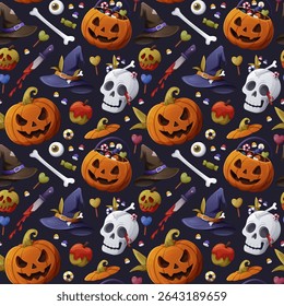 Seamless vector pattern with Halloween pumpkins, skulls, witch hats, candy, bones, and spooky objects. Dark background