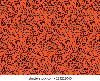 Seamless vector pattern for Halloween. Skull. Pumpkin. Bone. Ghost.