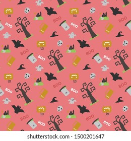 Seamless vector pattern with Halloween themed elements a sinister bat,pumpkin, tombstone,grave, skull, witch hat on a dark background with text boo