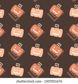 Seamless vector pattern with Halloween themed elements with orange pumpkin, on a dark background 
