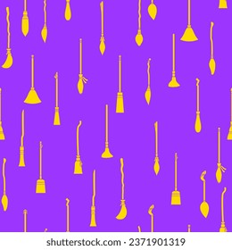Seamless vector pattern of Halloween with yellow flying broomsticks on purple background fabric