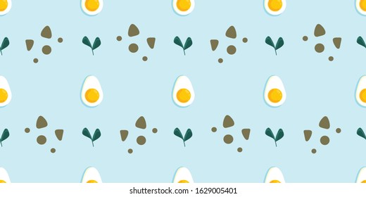 Seamless vector pattern with the halves of the eggs, leaves and other elements on a colored background. Background for decor, textiles and notebooks