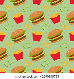 Seamless vector pattern of hamburger and French fries. For printing, wrapping paper, restaurant menus, packaging, books, postcards, magazine covers, web pages, fabrics, textiles, grocery stores.