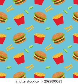 Seamless vector pattern of hamburger and French fries. For printing, wrapping paper, restaurant menus, packaging, books, postcards, magazine covers, web pages, fabrics, textiles, grocery stores.
