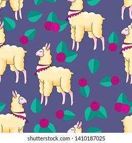 Seamless vector pattern with hand draw llama on colorful dark purple background with berrys and leaves. Pattern for gift wrap, package or anothers your design