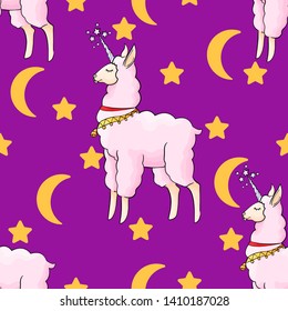 Seamless vector pattern with hand draw llama unicorn on colorful purple background with stars and moon. Pattern for gift wrap, package; textile or another design 