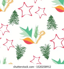 Seamless vector pattern with hand draw illustration of pine tree and leaves, red stars . Repeat Festive background.  texture. For wallpaper, web design, childish style. Green, Orange,red, white colors