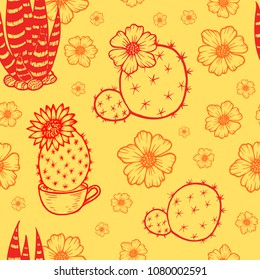 Seamless vector pattern. Hand drawing of cacti. Cacti and succulents on a yellow background.