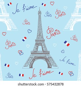 Seamless vector pattern with hand drawing white and grey Eiffel tower, inscriptions on blue background