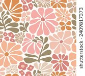 Seamless vector pattern with hand drawn groovy vintage flowers. Perfect for textile, wallpaper or print design.
