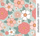 Seamless vector pattern with hand drawn decorative vintage flowers. Retro groovy floral background. Perfect for textile, wallpaper or print design.