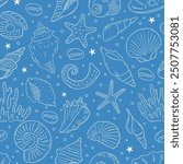 Seamless vector pattern with hand drawn sea shells, conch, tentacle, starfish, corals. Outline marine drawings on blue background. Sketch silhouettes of seashore elements for wallpaper, textile design