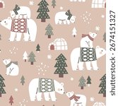 Seamless vector pattern with hand drawn polar bears in snowy winter woodland. Cute polar bears in warm clothes. Perfect for textile, wallpaper or nursery print design.