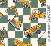 Seamless vector pattern with hand drawn construction trucks on checkered background. Perfect for textile, wallpaper or nursery print design. EPS10 vector file.