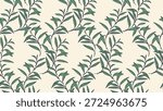 Seamless vector pattern with hand drawn green leafy branches on a light background. Elegant and organic design for textiles, wallpapers, eco packaging, and natural themed branding