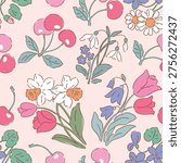 Seamless vector pattern with hand drawn spring floral and cherry on isolated background. Perfect for textile, wallpaper or nursery print design.