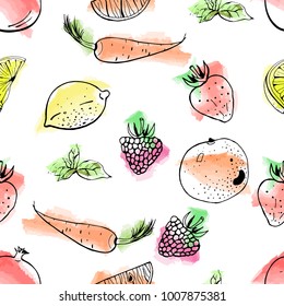 Seamless vector pattern of hand drawn summer fruits on watercolor background.