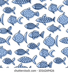 seamless vector pattern with hand drawn abstract fish