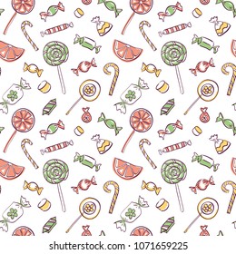 The seamless vector pattern with hand drawn sweets. Candy