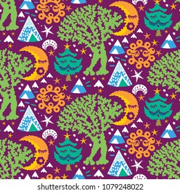 Seamless vector pattern from hand drawn cute forest creatures. Forest fairytale background in cartoon style. Decorative painted texture with cartoon deviers and houses.