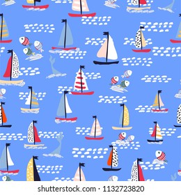 Seamless vector pattern with hand drawn sailing yachts with whales and fish. Summer bright background for fabric design.