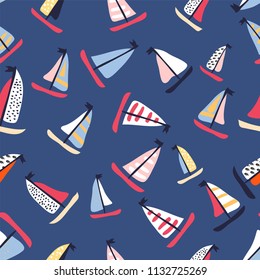 Seamless vector pattern with hand drawn sailing yachts. Summer bright background for fabric design.