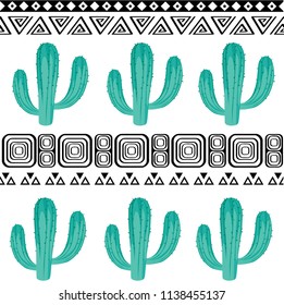 Seamless vector pattern with hand drawn Mexican cactus and tribal ornament isolated on white background