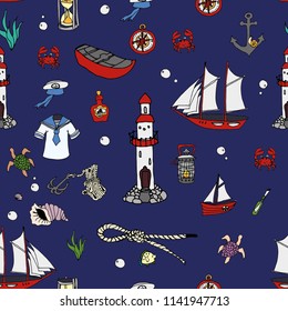 Seamless vector pattern with hand drawn sailing yachts and sea objects. Summer bright background for fabric design