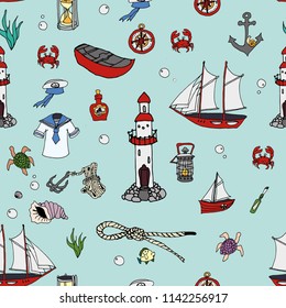 Seamless vector pattern with hand drawn sailing yachts and sea objects. Summer bright background for fabric design