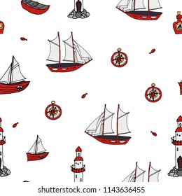 Seamless vector pattern with hand drawn sailing yachts and sea objects. Summer bright background for fabric design